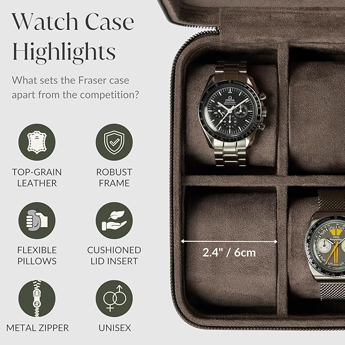 TAWBURY Watch Case - 4 Slot Genuine Top-Grain Leather Watch Box for Men & Women with Extra Wide Pillows for Large Watches - Portable Wristwatch Storage for Home & Travel (Brown)