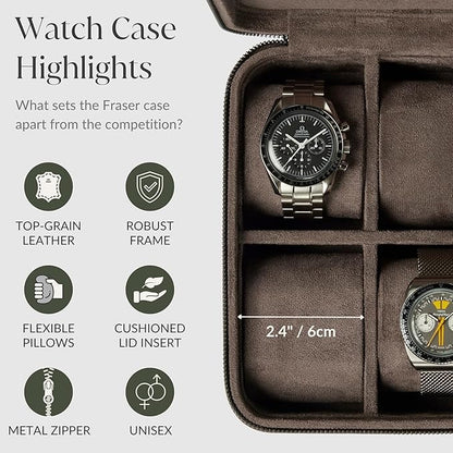 TAWBURY Watch Case - 4 Slot Genuine Top-Grain Leather Watch Box for Men & Women with Extra Wide Pillows for Large Watches - Portable Wristwatch Storage for Home & Travel (Brown)
