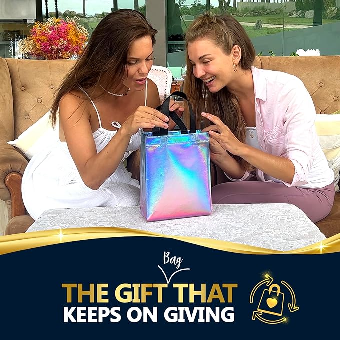 Nush Nush Aqua to Pink Gift Bags With Holographic Finish - Set of 60 Reusable Gift Bags Bulk Medium Size - Perfect Party Favor Bag Set For Small Business, Birthday, Bridal Shower, Events - 8Wx4Dx10H