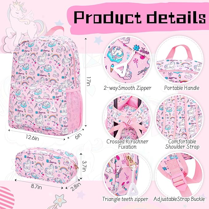 Redbaker 6 Pcs Kids Luggage Set 17 Inch Kids Rolling Luggage Double Pattern Suitcase for Girls Boys School Gift(Soft Pink,Unicorn)