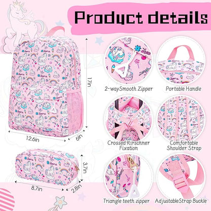 Redbaker 6 Pcs Kids Luggage Set 17 Inch Kids Rolling Luggage Double Pattern Suitcase for Girls Boys School Gift(Soft Pink,Unicorn)