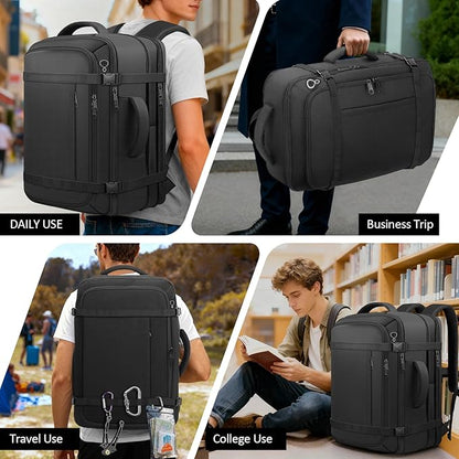 Travel Backpack,Carry On 40-50L Expandable Backpack with Cable Access Port,Fits 17.3 Inch Laptop, Water Resistant Weekender Bag Men Women for Business Trips, College, Hiking,Daily Commuting,Black