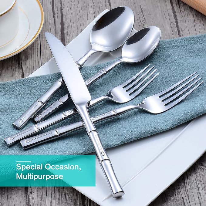 Flatware Set Silverware Set Stainless Steel Cutlery Set Bamboo Pattern Mirror Finished 60 Pieces Party Event Use Wedding Housewarming Gift Service for 12