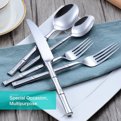 Silverware Set Stainless Steel Flatware Set 40 Pieces Cutlery Set Bamboo Handle Mirror Finished for Home Kitchen Restaurant Hotel Cutlery Set Service for 8