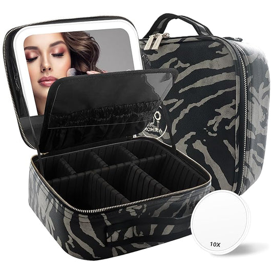 MOMIRA Travel Makeup Bag Cosmetic Bag with Lighted Mirror, Adjustable Brightness in 3 Color Scenarios, Waterproof, 10x Magnifying Mirror, Rotatable Independent Light Mirror- Zebra-Beige