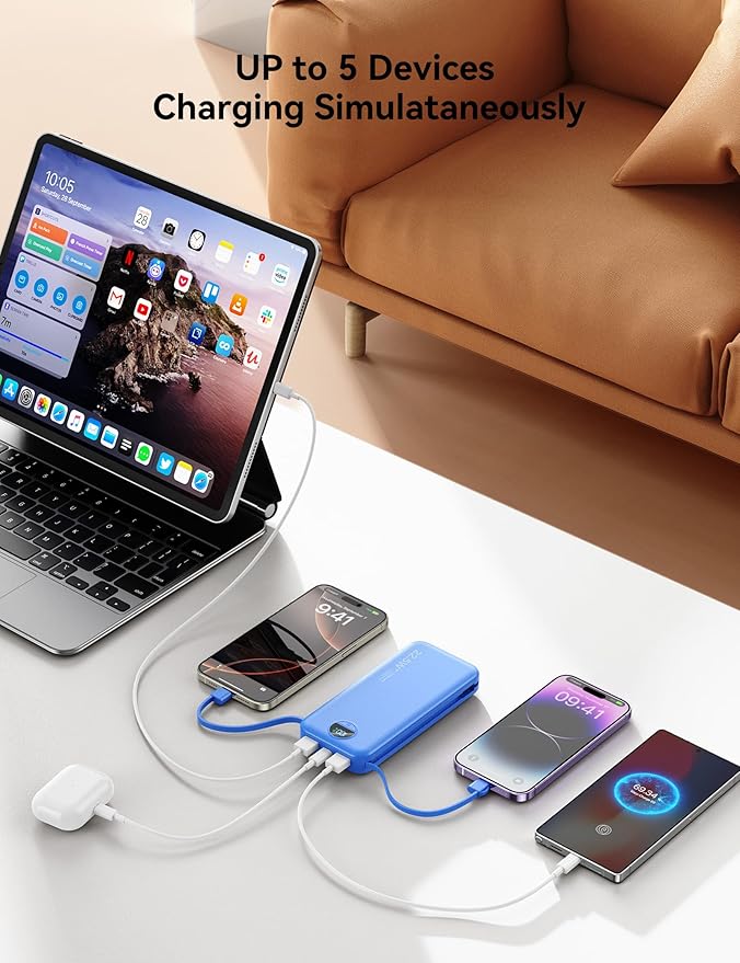 12000mAh Ultra-Portable-Charger-Power-Bank with Built in Cables&AC Wall Plug,PD20W USB-C Fast Charging Cell Phone Charger Battery Pack,LED Display Travel Battery Bank for All iPhone,Samsung,Android