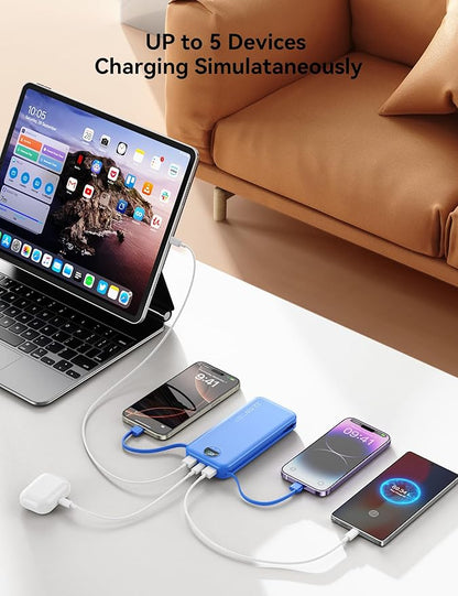 12000mAh Ultra-Portable-Charger-Power-Bank with Built in Cables&AC Wall Plug,PD20W USB-C Fast Charging Cell Phone Charger Battery Pack,LED Display Travel Battery Bank for All iPhone,Samsung,Android