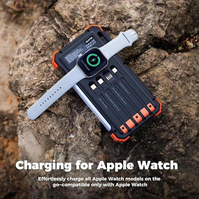 BLAVOR Solar Power Bank 20000mAh Built-in Cables, Wireless Charger for Apple Watch, 20W Fast Charging Battery Pack with USB C, Flashlight, Solar Charger for iPhone, iPad, iWatch, Samsung
