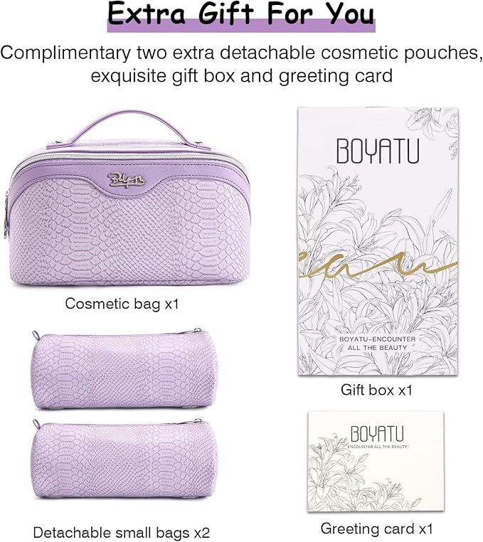 BOYATU Travel Makeup Bags for Women: 3 Pcs Set Wide Open Cosmetic Bag - Portable Make up Bags with Handle - Vegan Leather Toiletry Organizer Bag with Divider (G-01-Purple)