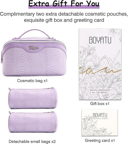 BOYATU Travel Makeup Bags for Women: 3 Pcs Set Wide Open Cosmetic Bag - Portable Make up Bags with Handle - Vegan Leather Toiletry Organizer Bag with Divider (G-01-Purple)