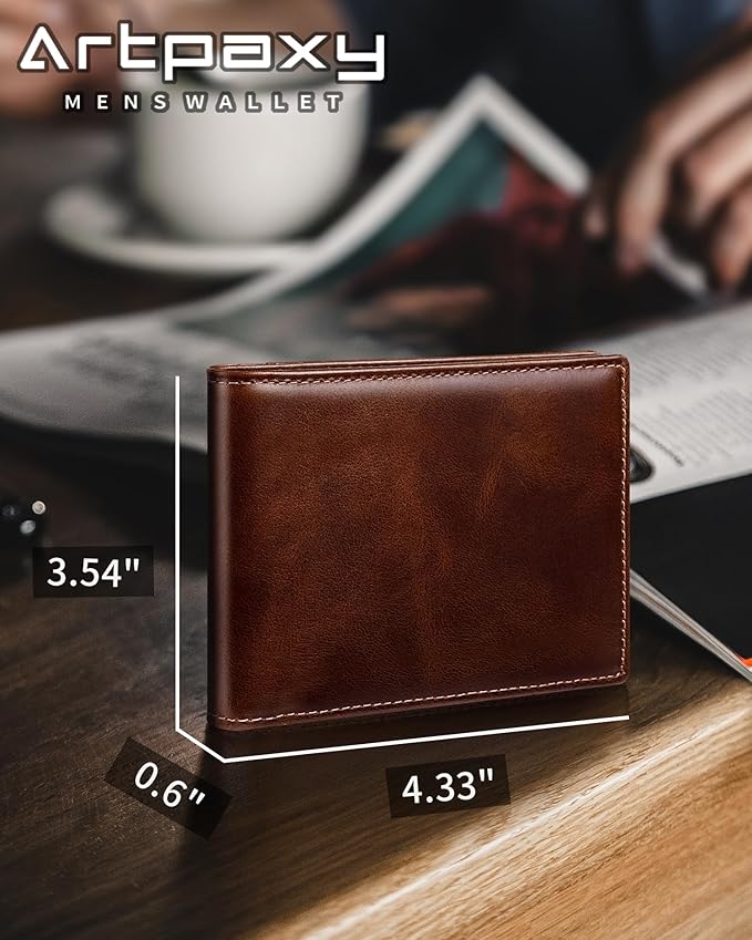 Mens Wallet Bifold Genuine Leather RFID Blocking Wallet for Men with 1 ID Windows 13 Card Holders 2 cash pockets 1 Gift Box