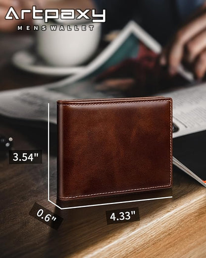 Mens Wallet Bifold Genuine Leather RFID Blocking Wallet for Men with 1 ID Windows 13 Card Holders 2 cash pockets 1 Gift Box