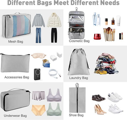 8-Piece Packing Cubes for Travel, Mesh Luggage Organizers with Shoe Bag, Toiletry Bag, Laundry Pouches, 4 Sizes (XL/L/M/S) for Suitcase Organization, Men Women Kids, Gray