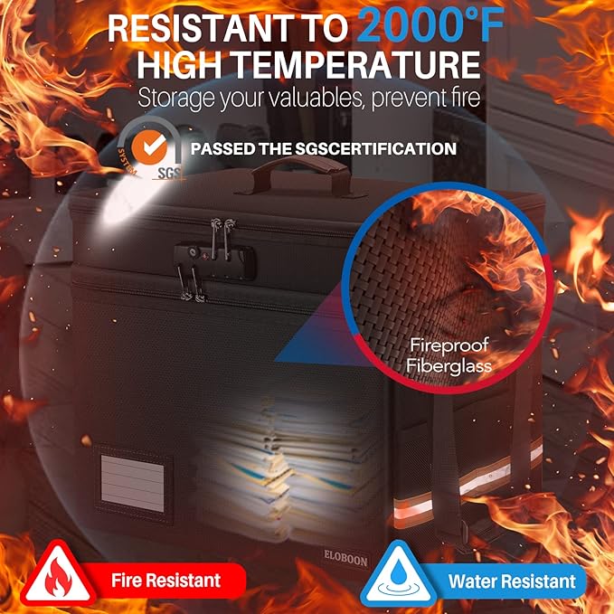 Fireproof Document Box with 13 Pockets Accordian File Organizer, Water-Resistant File Organizer Box with Lock, Collapsible File Storage Cabinet for Hanging Letter/Legal Folder, Black