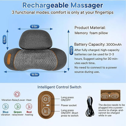 Neck Massager Pillow, 3-in-1 Neck Massager, Travel Massage Pillow for Shoulder Pain Relief, Deep Tissue Pain with Heat and Traction, Hump Corrector