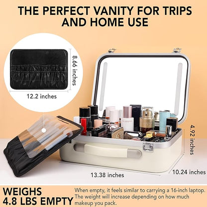 Lighted Makeup Case with Mirror - Large Size 13.4" x 10.2" - Travel Makeup Case With Mirror - Rechargeable LED Travel Vanity Case with Adjustable Brightness - Train Case Makeup Bag - White