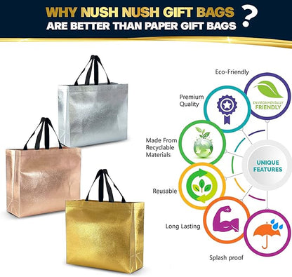 Nush Nush Set of 60 Mix Color Gift Bags In Bulk - 20 Rose Gold, 20 Silver, 20 Gold gift bags With Handles - For Small Business As Goodie Bags, Birthday Gift Bags Large Size, Party Favor Bags - 13X5X11