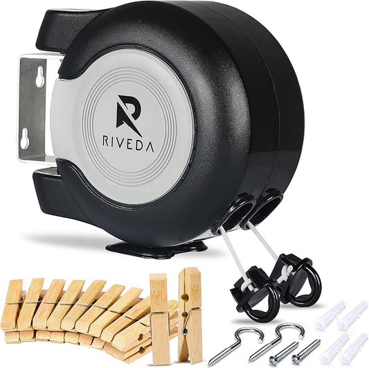 RIVEDA Dual Retractable Clothesline 43 ft Each Line with 24 Clothes Pins - Heavy Duty Clothes Line Indoor & Outdoor Laundry Line -Double Clothing line - Easy Installation (Black)