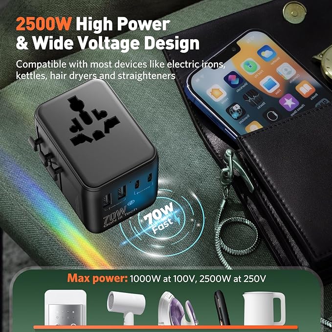 Universal Travel Adapter International Plug - HICHOR 70W European Travel Plug Adapter Worldwide US AUS EU UK Spain Germany Ireland Italy All-in-one Travel Outlet Power Adapter