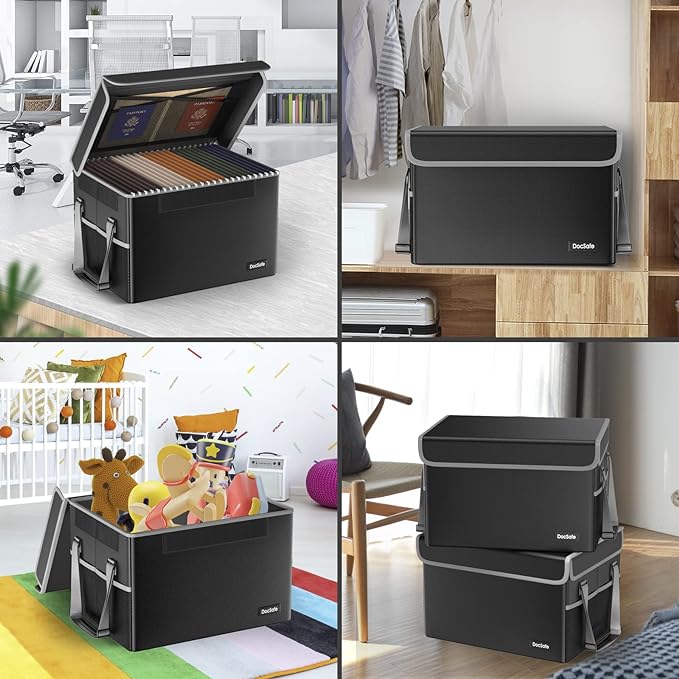 DocSafe File Box Fireproof File Storage Organizer with Lid,Collapsible Document Storage Filing Case for Hanging Letter/Legal Folders,Portable Home Office Safe Cabinet with Handle,Black