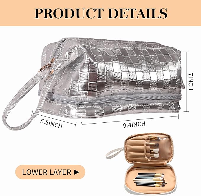 Abiudeng Large Capacity Makeup Bag Ladies Cosmetic Bag Travel Bag with Compartments Portable PU Leather Travel Makeup Bag with Handle