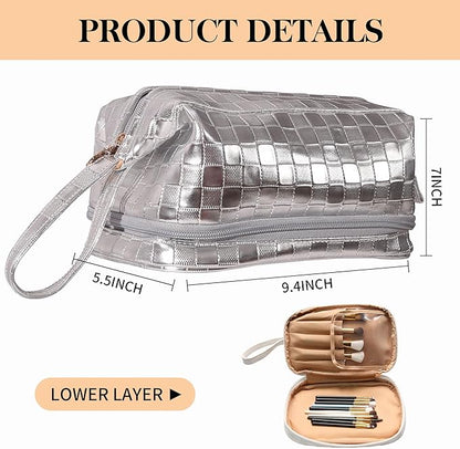 Abiudeng Large Capacity Makeup Bag Ladies Cosmetic Bag Travel Bag with Compartments Portable PU Leather Travel Makeup Bag with Handle