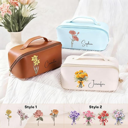 callie Personalized Makeup Bag - Custom Name & Birth Flower, Leather Cosmetic Organizer Bag with Zippers & Handle, Birthday Christmas Travel Gifts for Women