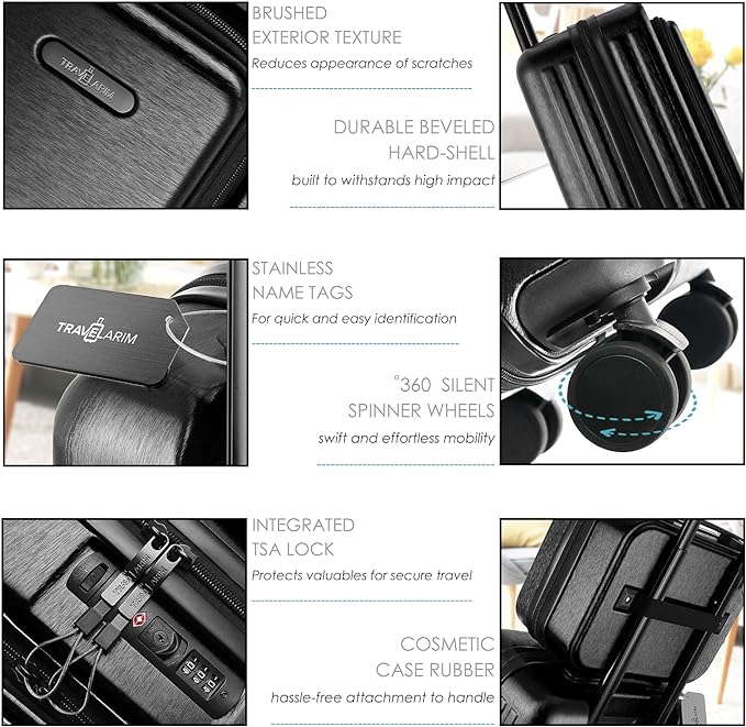 20 Inch Carry On Luggage 22x14x9 Airline Approved, Carry On Suitcase with Wheels, Hard-shell Carry-on Luggage, Durable Luggage Carry-On, Jet Black Small Suitcase with Cosmetic Case