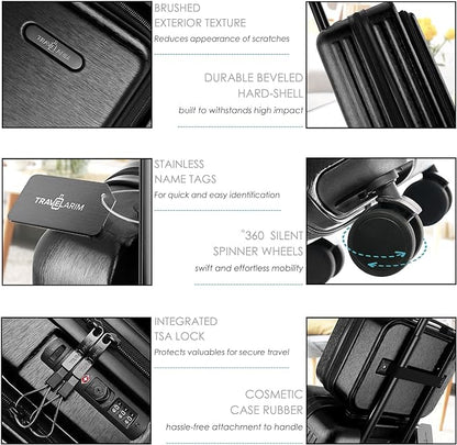 20 Inch Carry On Luggage 22x14x9 Airline Approved, Carry On Suitcase with Wheels, Hard-shell Carry-on Luggage, Durable Luggage Carry-On, Jet Black Small Suitcase with Cosmetic Case