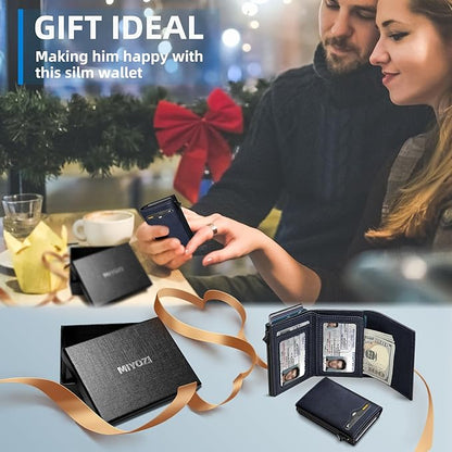 Wallet for Men,with Cash Pocket 2 ID Window 9-13 Cards,Metal Case Smart Slim Pop Up Credit Card Holder Flip with Magnetic Closure RFID Blocking Trifold wallet with Gift Box