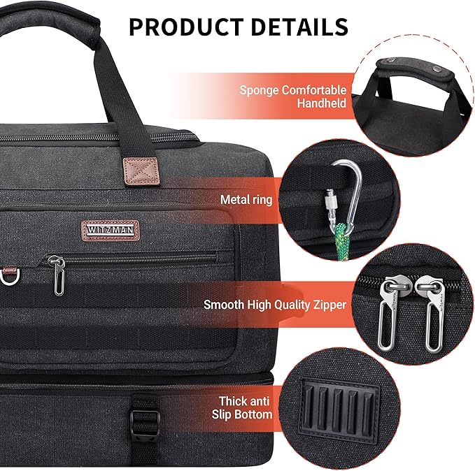 WITZMAN Duffle Bag for Men 50L Canvas Weekender Overnight Bag with Toiletry Bag Sets Travel Duffel Bag Shoes Compartment（A8010-2 Classic Black）