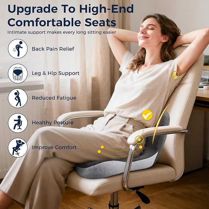 Seat Cushion, Office Chair Seat Cushions for Office Chair with L-Shaped Ergonomic Design, Memory Foam Chair Cushion for Long Sitting Office Worker(Black Gray)