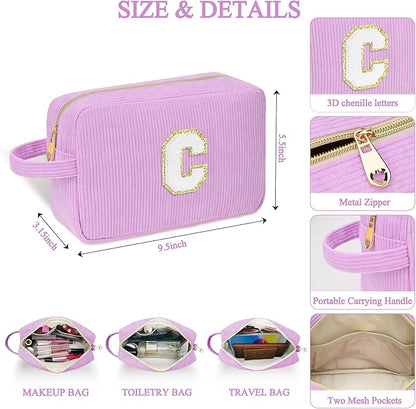 Personalized Initial Makeup Bag Trendy Stuff Corduroy Cosmetic Bag Travel Toiletry Bag for Women, Christmas/Thanksgiving/Halloween Gifts Makeup Organizer Case for Teen Girls Mom Girlfriend Wife.