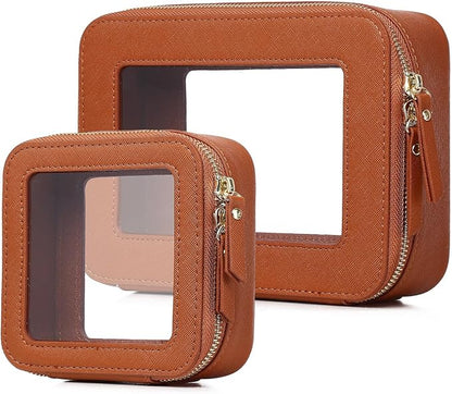 Pinkmik Clear Makeup Bag Waterproof Travel Case for Cosmetics and Toiletries Women's Purse Organizer and Clear Car Bag with Zipper (X/Brown, M+MINI)