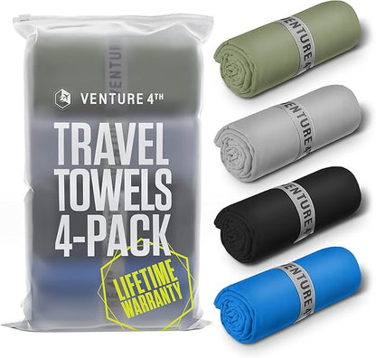 VENTURE 4TH - 4pcs Quick Dry Towels. Microfiber Travel Towels Ideal for Camping, Hiking, Backpacking, Gym. Lightweight & Fast Drying Travel Towels for Body. Compact & Easy to Pack - 4 Pack Large