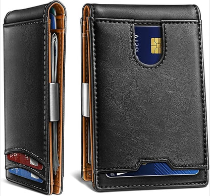 Genuine Leather Wallet for Men, Slim Bifold RFID Blocking with Zipper Coin Pocket, Minimalist Design for Travel and Daily Use (Carbon Fiber Black)