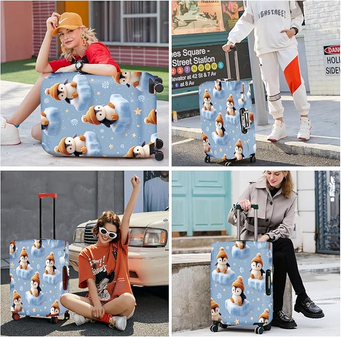 ANNA QUEEN Winter Penguin Luggage Cover, Cute Penguin on Ice Pattern Suitcase Protector, Washable Stretchable Travel Sleeve for 32-34 Inch Luggage