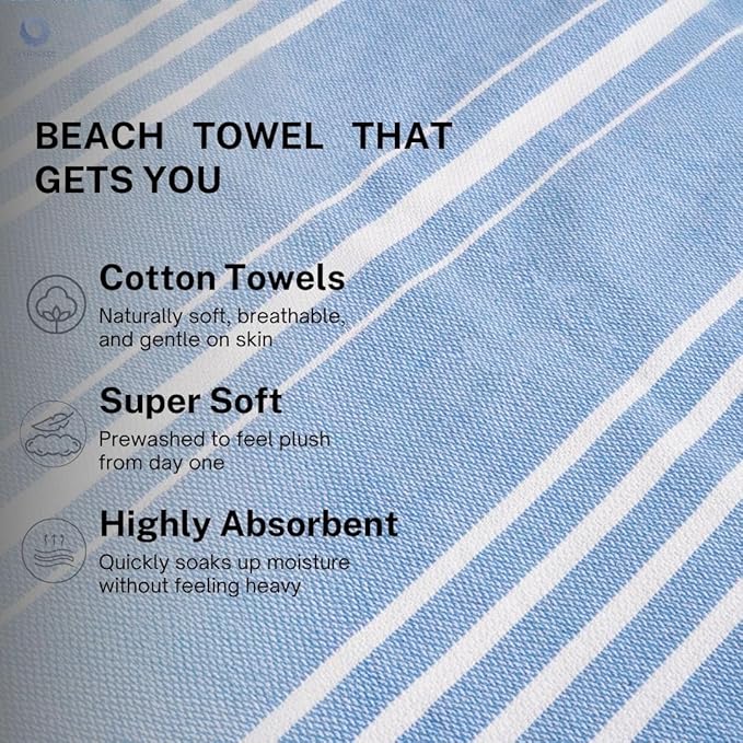 Cotton Turkish Beach Towel with Towels Oversized 36"x72" Pool Absorbent Extra Large Quick Dry Sand Travel Towel (Azure Bliss, 4 Pack)