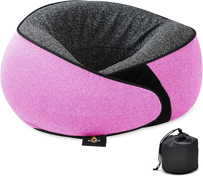 Travel Neck Pillow | Memory Foam Neck Pillow, New Portable U-Shaped Pillow with Neck Support, Washable Cover, Compact for Plane, Office, Bus, Train, Sofa, Nap–Includes Storage Bag - Pink