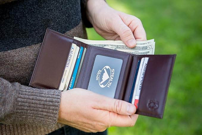 Stealth Mode Leather Trifold RFID Wallet For Men With Flip Out ID Holder