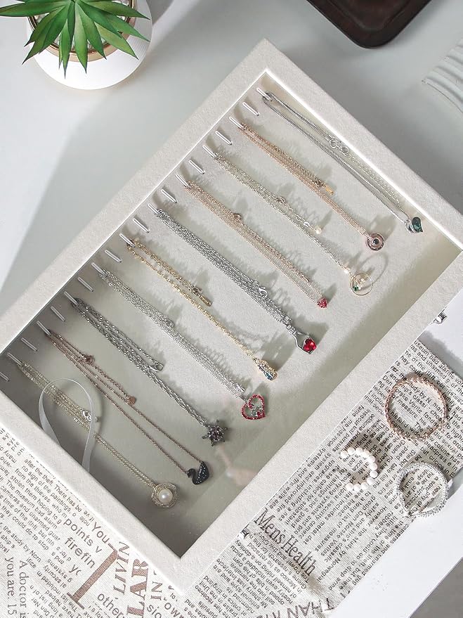 Coward 20 Hooks Necklace Organizer Jewelry Box, Dustproof Necklace Display Holder Case, Beige Velvet Necklace Display Tray Case with Transparent Glass Lid for Women Girls