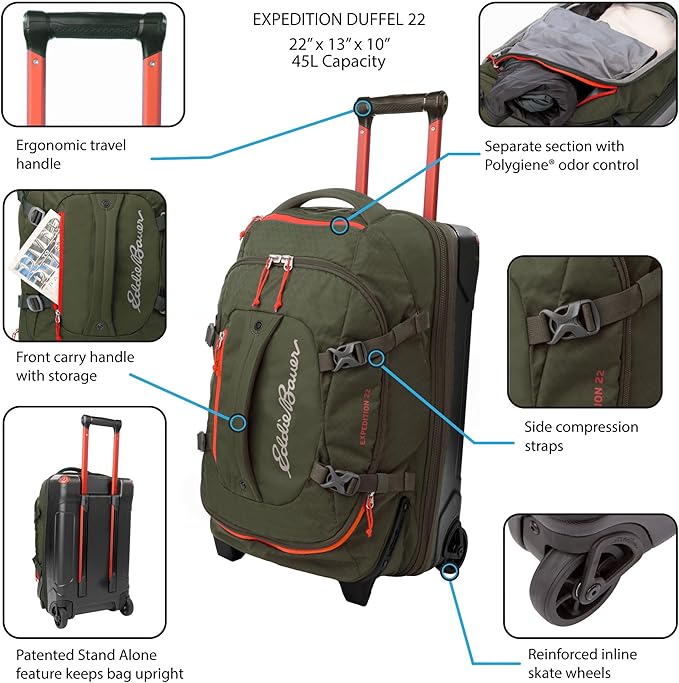 Eddie Bauer Expedition Rolling Duffel Bag with Wheels | Travel | Carry-On | Luggage | Rugged | Durable - Dark Thyme, 22"