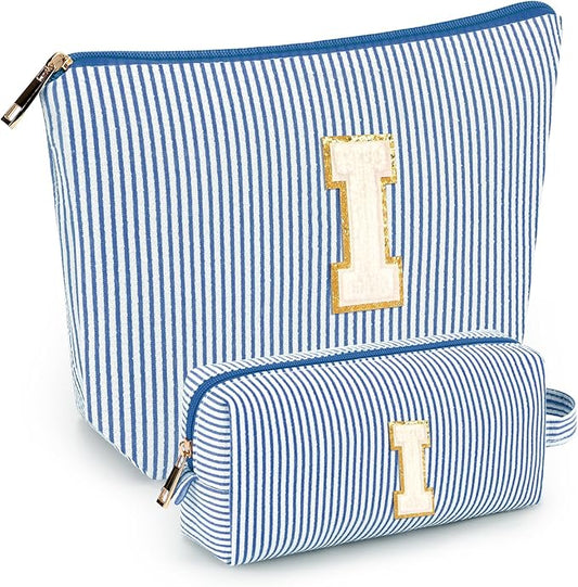 2 PCS Initial Makeup Bags for Women: Cosmetic Bag for Travel Toiletry - Birthday Gifts for 11 12 13 14 15 16 17 18 Years Old Girl Graduation Teacher Gift- Teen Girl Gifts Trendy Stuff - Blue I