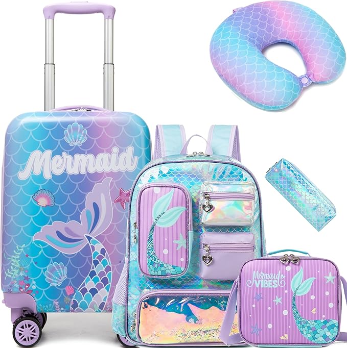 Cute Mermaid Kid’s Luggage Set 5 Piece Suitcase Set 16’’ Hardside Luggage with Spinner Wheels Girls Carry on Toddler Luggage Travel Rolling Suitcase Airline Approved