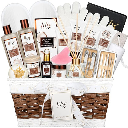 Coconut Vanilla Spa Gift Set for Women Christmas Gifts - Luxurious 28-Piece Body Care Collection, Moisturizing Bath & Body Basket Gift Set for Mother's Day, Birthday, Self Care Gift