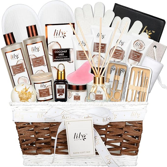 Coconut Vanilla Spa Gift Set for Women Christmas Gifts - Luxurious 28-Piece Body Care Collection, Moisturizing Bath & Body Basket Gift Set for Mother's Day, Birthday, Self Care Gift