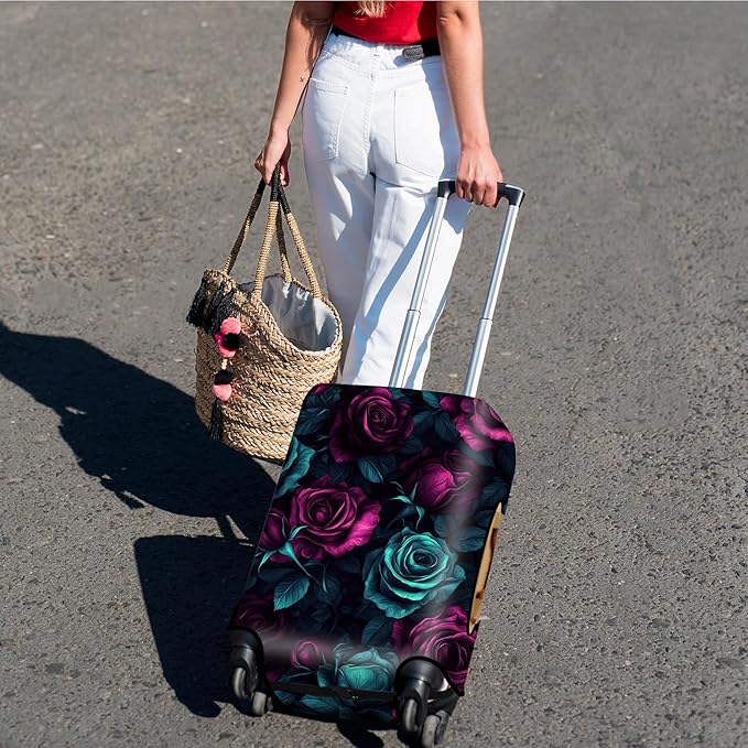 Suitcase Cover for Luggage 18-21 Inch, Washable Elastic Anti-Scratch Luggage Protector, Durable Zipper Baggage Cover with Handle Wrap, Travel Accessories for Suitcase, Purple-Green Rose