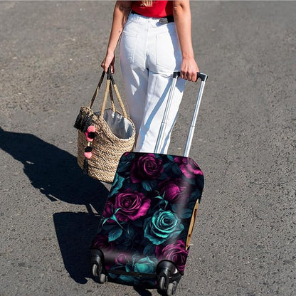 Suitcase Cover for Luggage 18-21 Inch, Washable Elastic Anti-Scratch Luggage Protector, Durable Zipper Baggage Cover with Handle Wrap, Travel Accessories for Suitcase, Purple-Green Rose