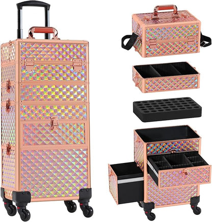 Makeup Train Case with Drawer, Rolling Makeup Case, Cosmetology Case on Wheels, Gift, Large Makeup Case Organizers, Professional for Salon Barber, Nail, Tattoo, Rose Gold