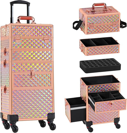 Makeup Train Case with Drawer, Rolling Makeup Case, Cosmetology Case on Wheels, Gift, Large Makeup Case Organizers, Professional for Salon Barber, Nail, Tattoo, Rose Gold